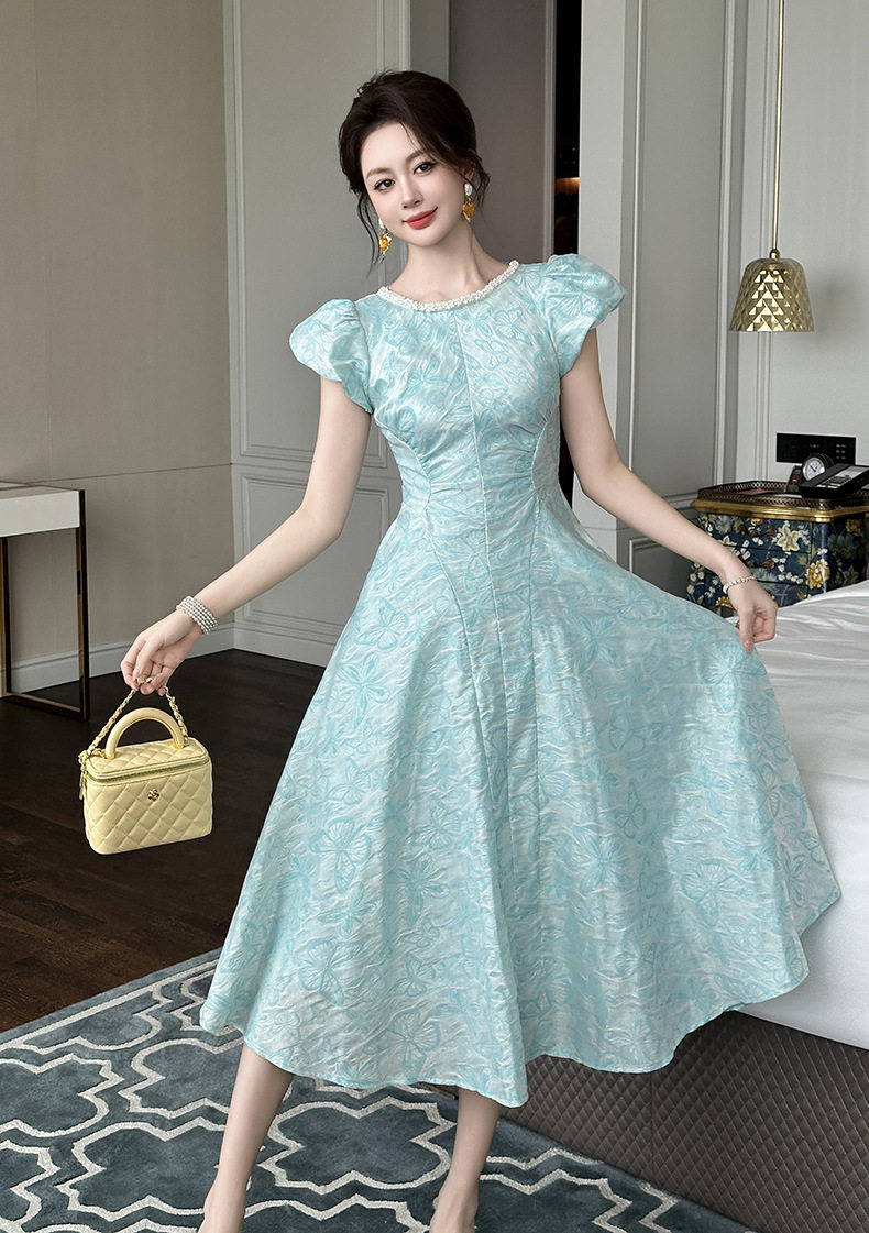 Đầm maxi nữ cổ vuông tay ngắn dáng chữ A — [Xanh nhạt] chi tiết 9
