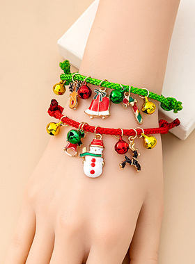 欧美跨境圣诞麋鹿铃铛手链 卡通滴油可调节圣诞老人拐杖糖手串女