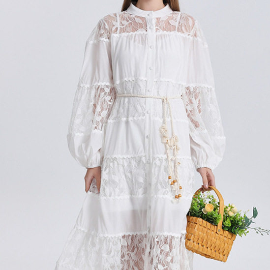 French Court Style Dress Fashionable Hollow Lace Waist Defined Lantern Sleeves Button Closure Flared Long Skirt