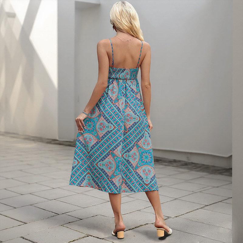 Vintage Inspired Floral Print Maxi Dress Waist Defining Sleeveless Bohemian Style Perfect for Summer Vacations