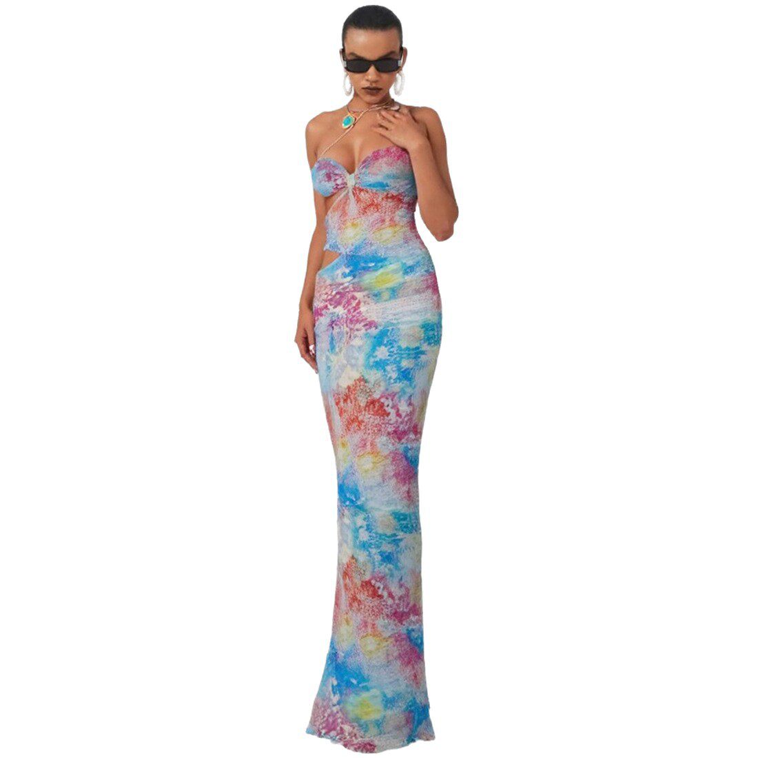Sleeveless Color Block Printed Bodycon Maxi Dress Hollow Out Design Sexy Fit Spring Summer Fashion Wholesale Available