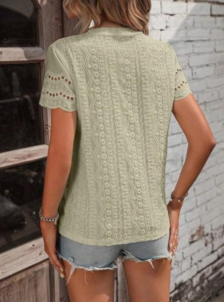 Casual Short Sleeve V Neck Shirt Summer Ready Solid Color Pleated Design Embroidered Details Wholesale Available