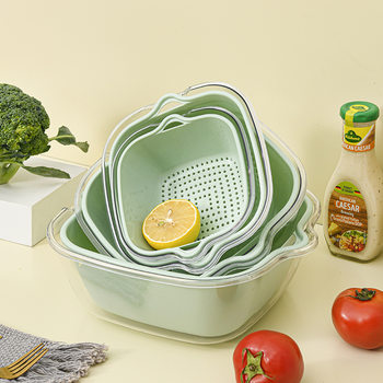 Vegetable Washing Basket Double-Layer Pet Transparent Drain Basket Home Kitchen Vegetable Basket Fruit Plate Multi-Functional Fruit Washing Basin