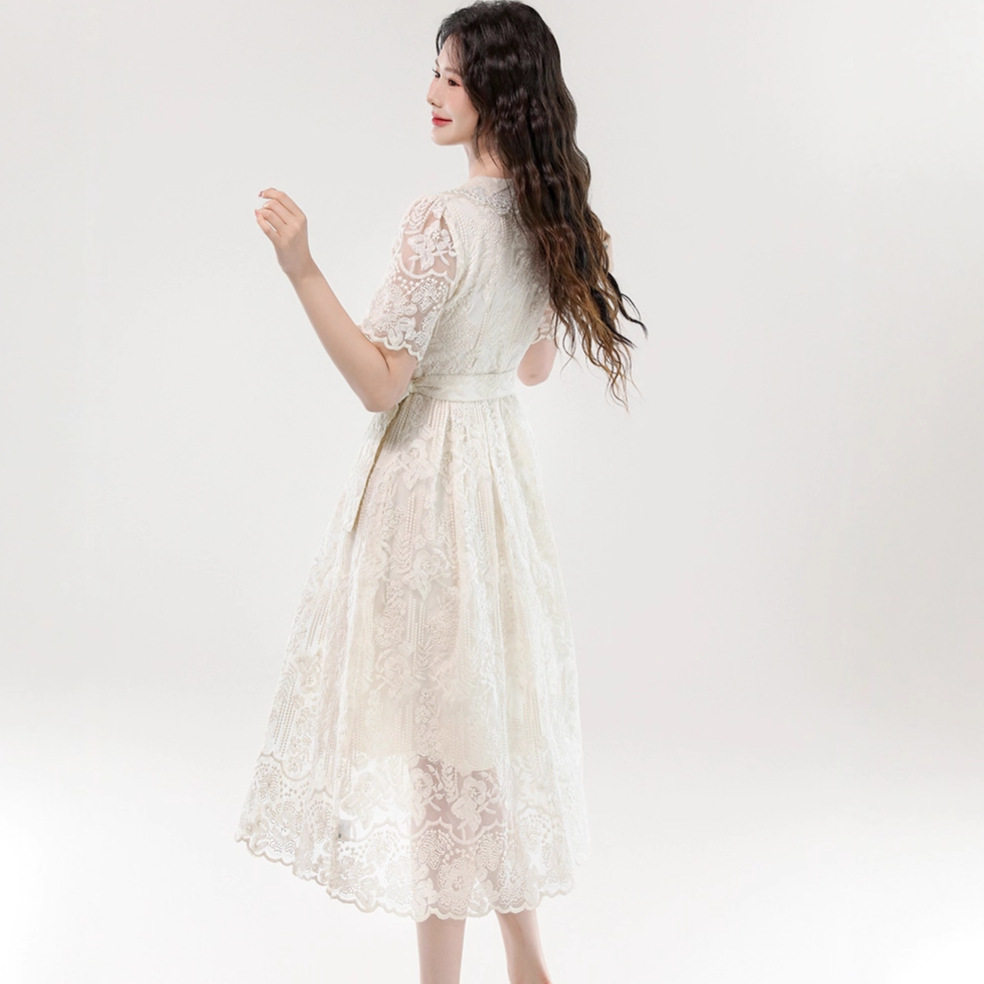 Elegant Lace V Neck Short Sleeve Dress Summer Waist Tie Slim Fit Princess Style Wholesale Availability