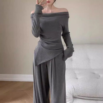 Elegant and Sophisticated Two-Piece Set for Women: Slim-Fit Off-Shoulder Long-Sleeve Top and Wide-Leg Pants for Autumn