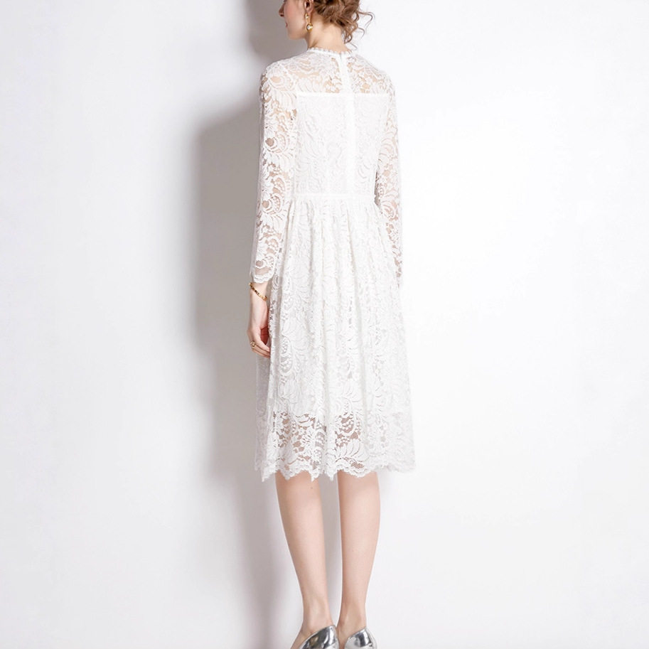 French Style White Lace Maxi Dress for Women Elegant Round Neck Flowy Silhouette Autumn Collection Wholesale Available