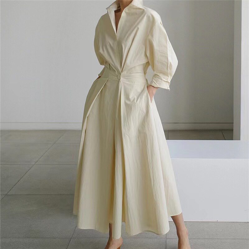 Plus Size Fashionable Polo Collar Dress Loose Fit Three Quarter Sleeves Flared Hem Ideal for Commuting Wholesale
