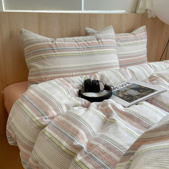 Class A Blogger Style Cotton Yarn-dyed Washed Cotton Four-piece Set Cotton Striped Bed Sheet Quilt Cover Student Dormitory Three-piece Set