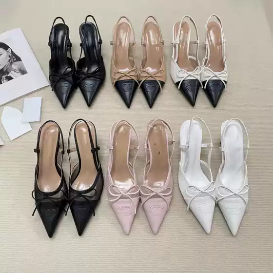 Vintage French-Style New Bowknot Closed-Toe Sandals for Women with Pointed Toe, Thin Heel, Back Strap, Chanel-Inspired Color-Blocking High Heels for Women
