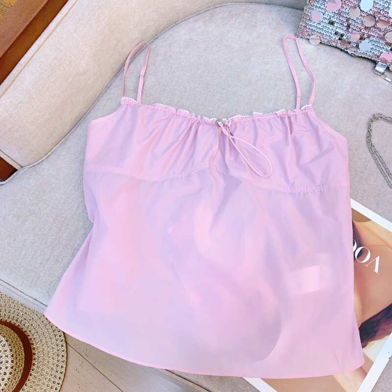 Áo hai dây nữ vai mảnh vải cotton pha nylon nhún eo nhẹ nhàng — Màu hồng