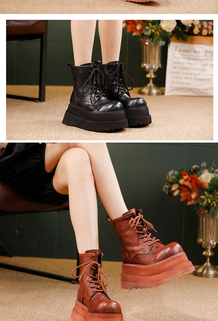 Boot Martin nữ cổ ngắn đế dày, da bò thật buộc dây — đen, nâu