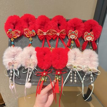 Children's New Year Chinese Style Headdress Red Plush Hair Band Girl's Ball Headband Hair Rubber Band New Year's Greetings Hair Accessories