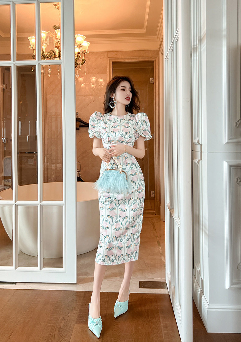 Đầm ôm body nữ cổ tròn tay bồng họa tiết hoa — [Xanh lá] chi tiết 7