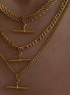 欧美风朋克嘻哈18K金不锈钢T棒吊坠绳链/费加罗链/古巴链颈链项链