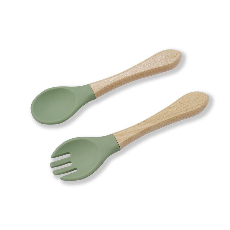 Baby food grade silicone food supplement fork spoon children anti-fall anti-deformation multi-color silicone fork spoon wooden handle fork spoon suit