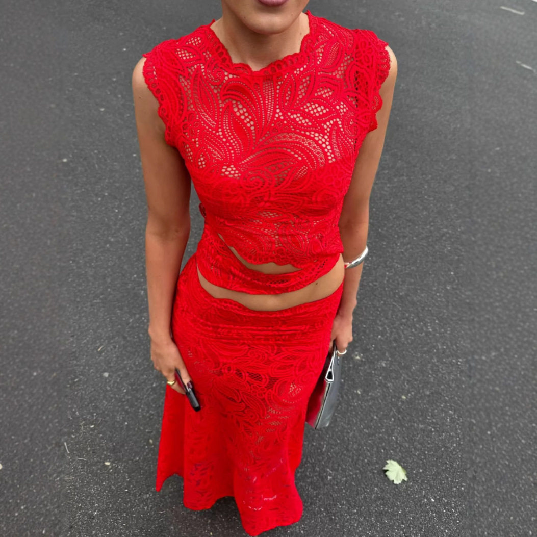 Red Lace Sleeveless Top and Mermaid Skirt Set Sexy Design Irregular Hem Elegant Style Perfect for Parties and Events