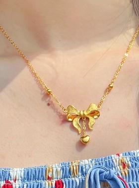 沙金优雅公主锁骨项链女蝴蝶结爱心流苏吊坠锁骨链戒指耳钉套装