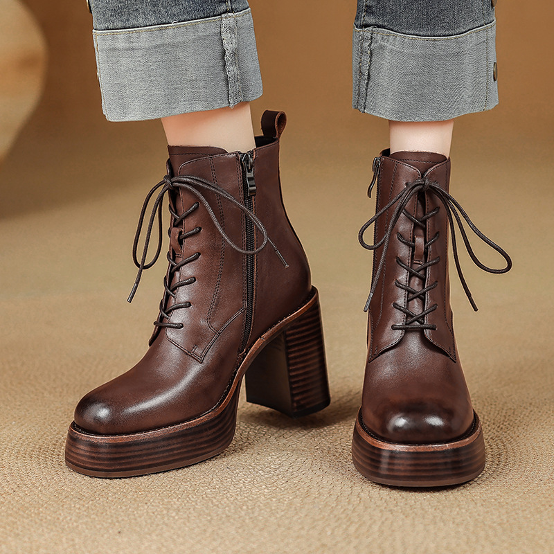 Boot Martin nữ đế dày gót thô buộc dây tăng chiều cao mũi tròn da bò thật — Lớp lót đơn màu nâu, Lớp lót nhung màu nâu, Màu đen một lớp, nhung đen