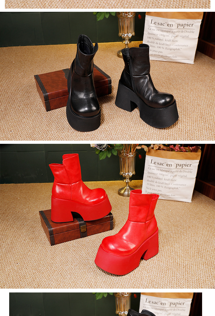Boot nữ cổ thấp da bò thật đế dày tăng chiều cao, mũi tròn phối khóa kéo bên hông — màu đen, màu đỏ