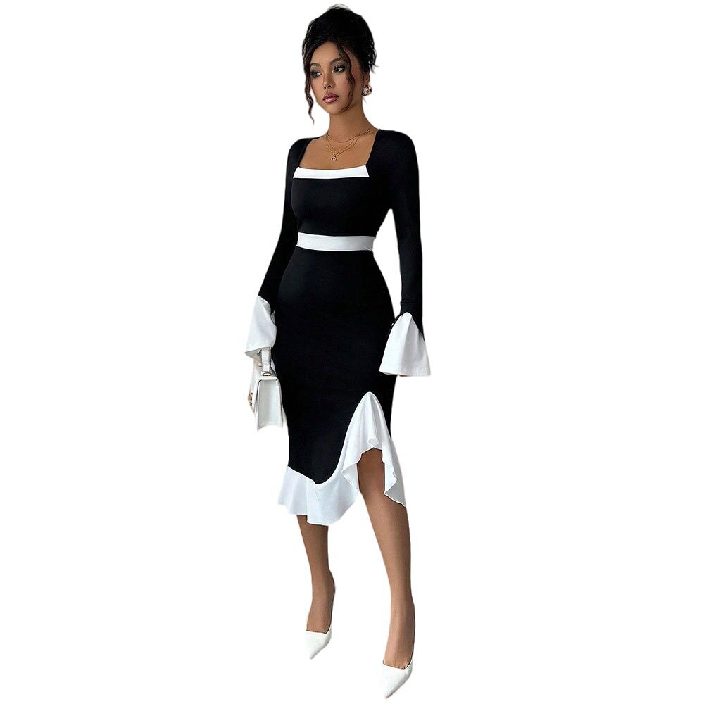 Hepburn Style Black and White Color Block Dress Long Sleeve Ruffle Hem Slim Fit Spring Summer Occasion OEM Available