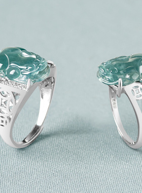 S925银镶天然A货翡翠蓝水貔貅戒指冰种玉石时尚女款指环可调节