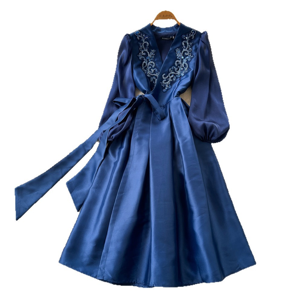 Elegant V Neck Embroidered Dress Lightweight Fabric Long Sleeves Waist Tie A Line Silhouette Summer Occasion