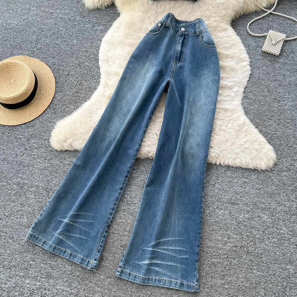 Vintage Denim Two Piece Set Casual Style High Waisted Wide Leg Pants Slim Fit Sleeveless Top Summer Wear