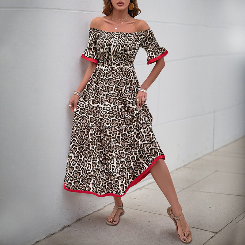 Vintage Off Shoulder Leopard Print Dress Ruffled Sleeves Elegant Style Perfect for Parties Wholesale Available