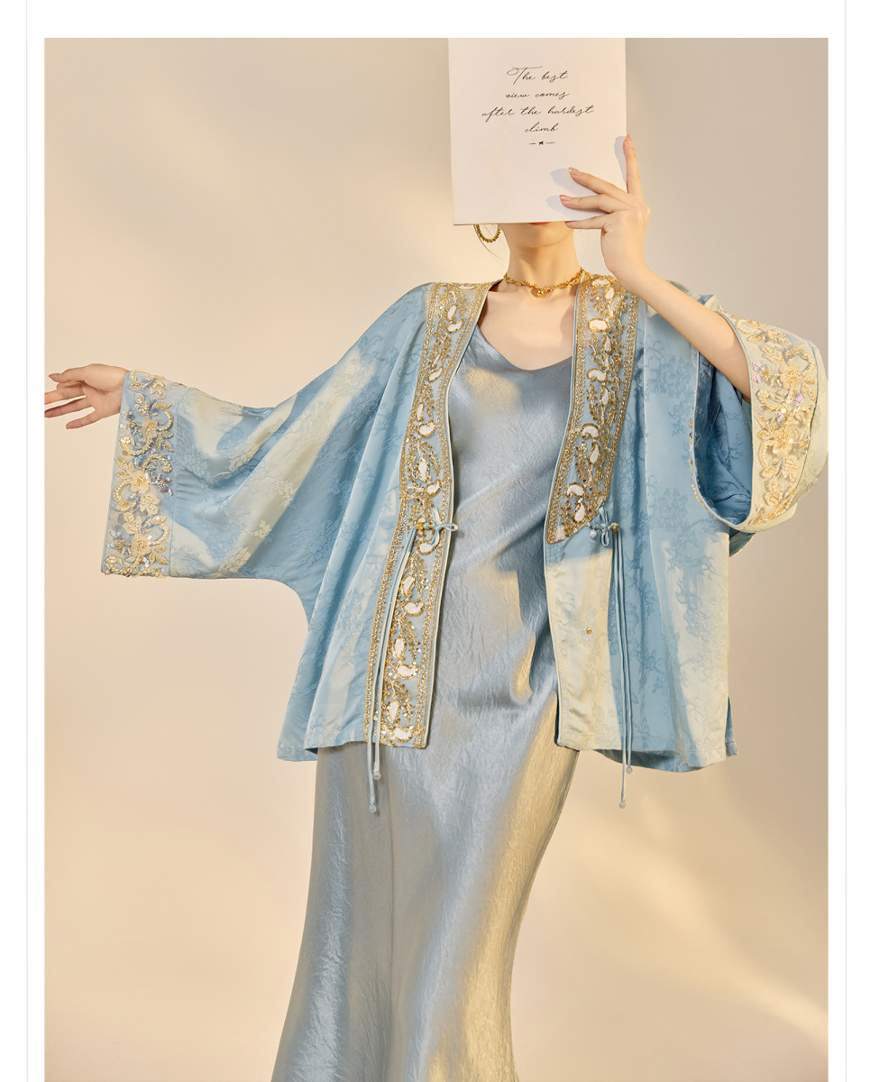 Áo khoác nữ thêu đính cườm dáng rộng cổ chữ V phong cách cổ điển — Jiyue Blue (Giao hàng trong ngày), Xanh Jiyue (giao hàng trong 7 ngày)
