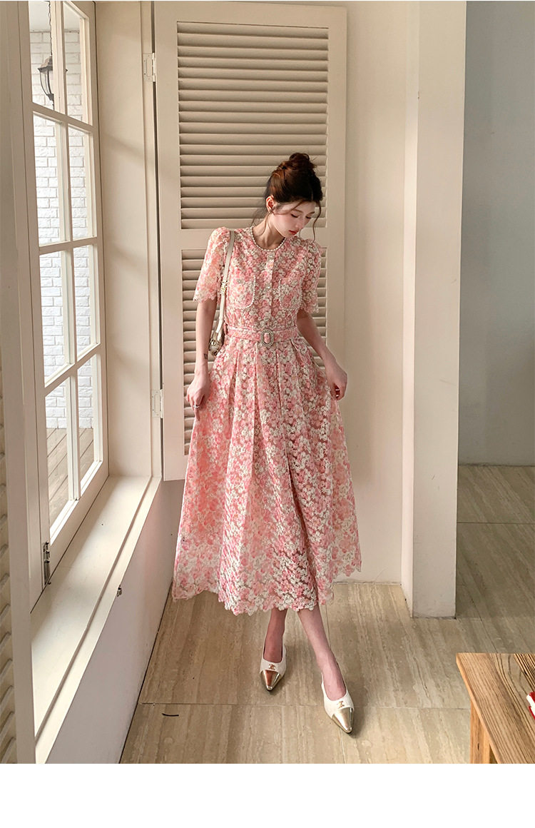 Pink Lace Hollow Out Short Sleeve Dress High Waist A Line Silhouette Elegant Summer Office Wear Wholesale Available