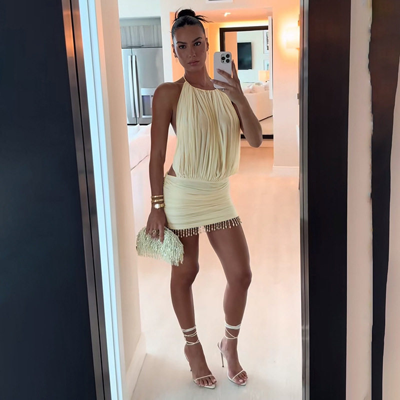 Summer Womens Bodycon Dress Sleeveless Halter Neck Fringe Detail Color Block Casual Party Wear Wholesale