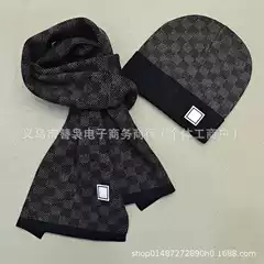 Cross-Border Hot-Selling European and American Style Men's Wool Hat and Scarf Two-Piece Set Black and White Checkerboard Knitted Warm Neck Warmer