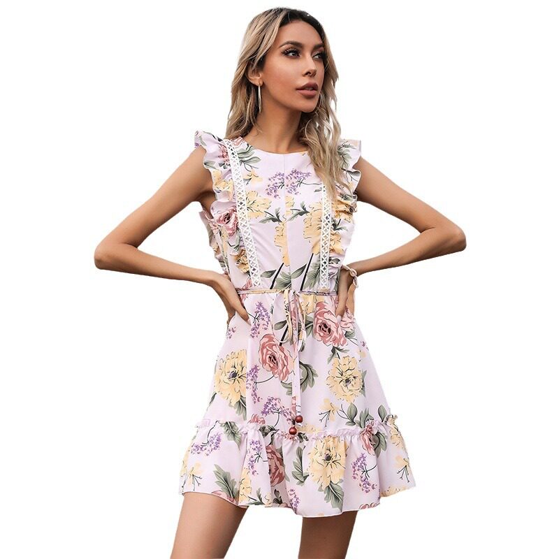 Summer Floral Lace Ruffle Dress Sweet Style European and American Fashion Perfect for Parties and Casual Outings