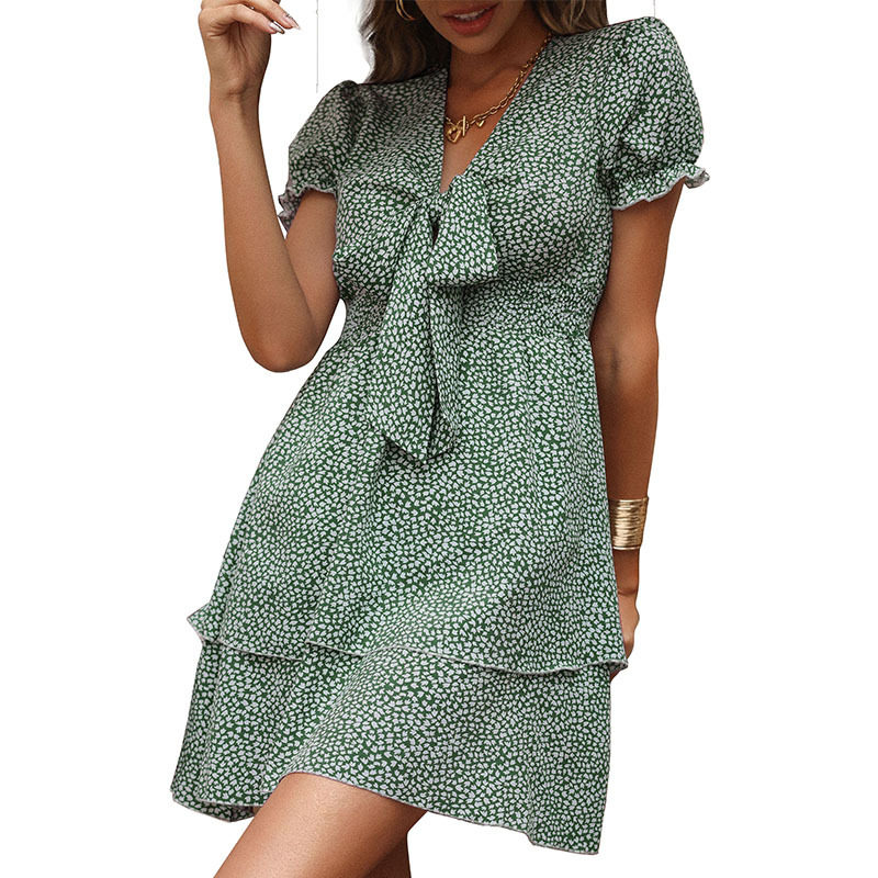 Summer Floral Cake Dress Waist Defined Bow Detail Green Color Perfect for Parties and Casual Outings Wholesale