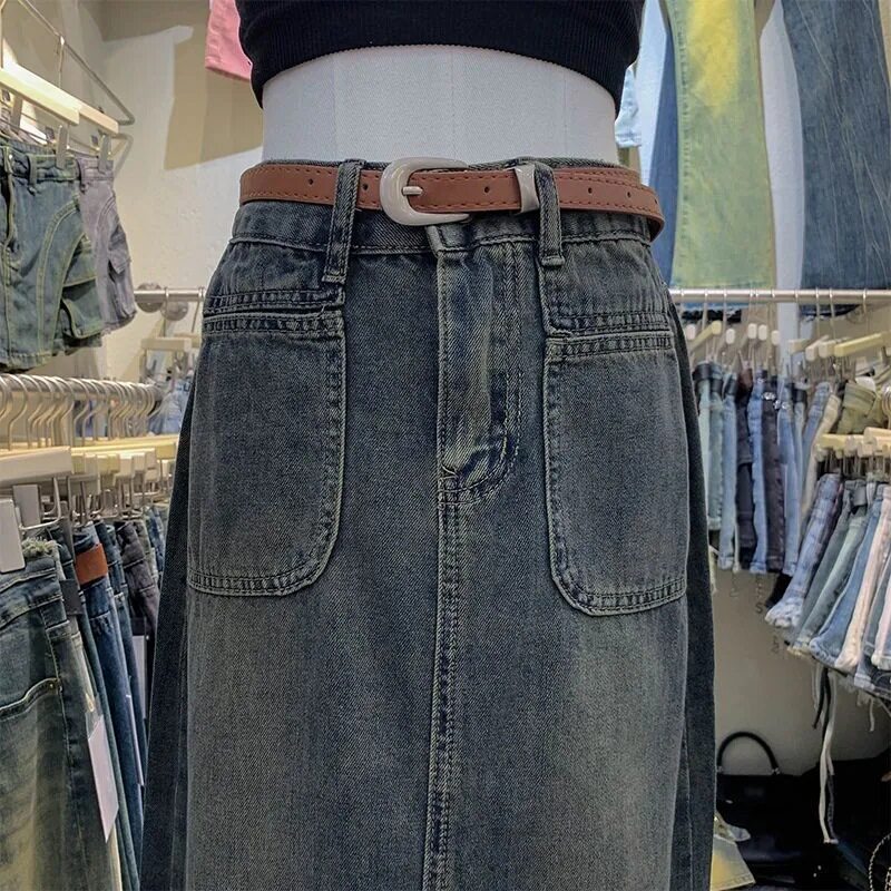 High Waisted Denim Skirt Long Loose Fit Side Slits Two Pockets Spring Fall Fashion Wholesale Available