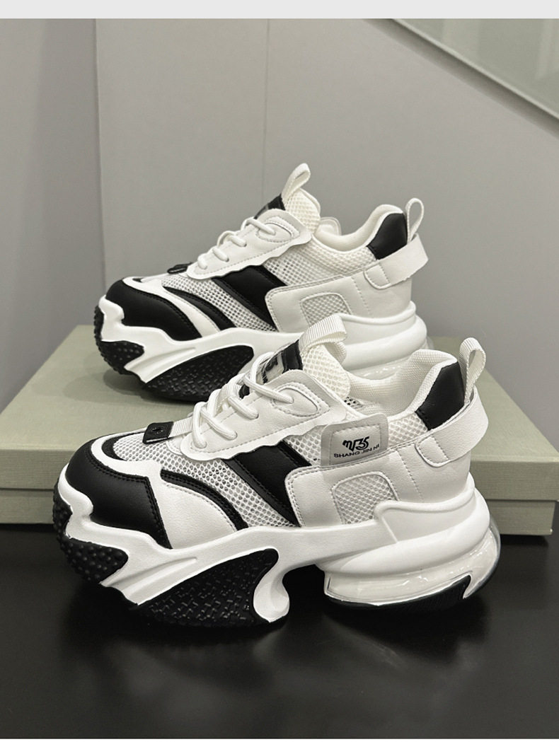 Giày sneaker nữ chunky đế dày da bò thật phối lưới thoáng khí, gót siêu cao 8 cm, tăng chiều cao — Trắng, đen, Xám, Hồng chi tiết 15