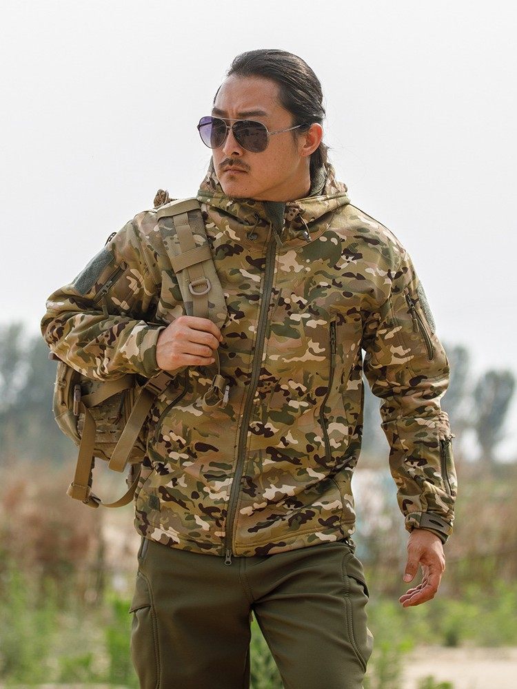 Sharkskin Softshell Jacket Camouflage Jacket Fleece Thickened Tactical Military Jacket Hooded Hiking Coat Tad