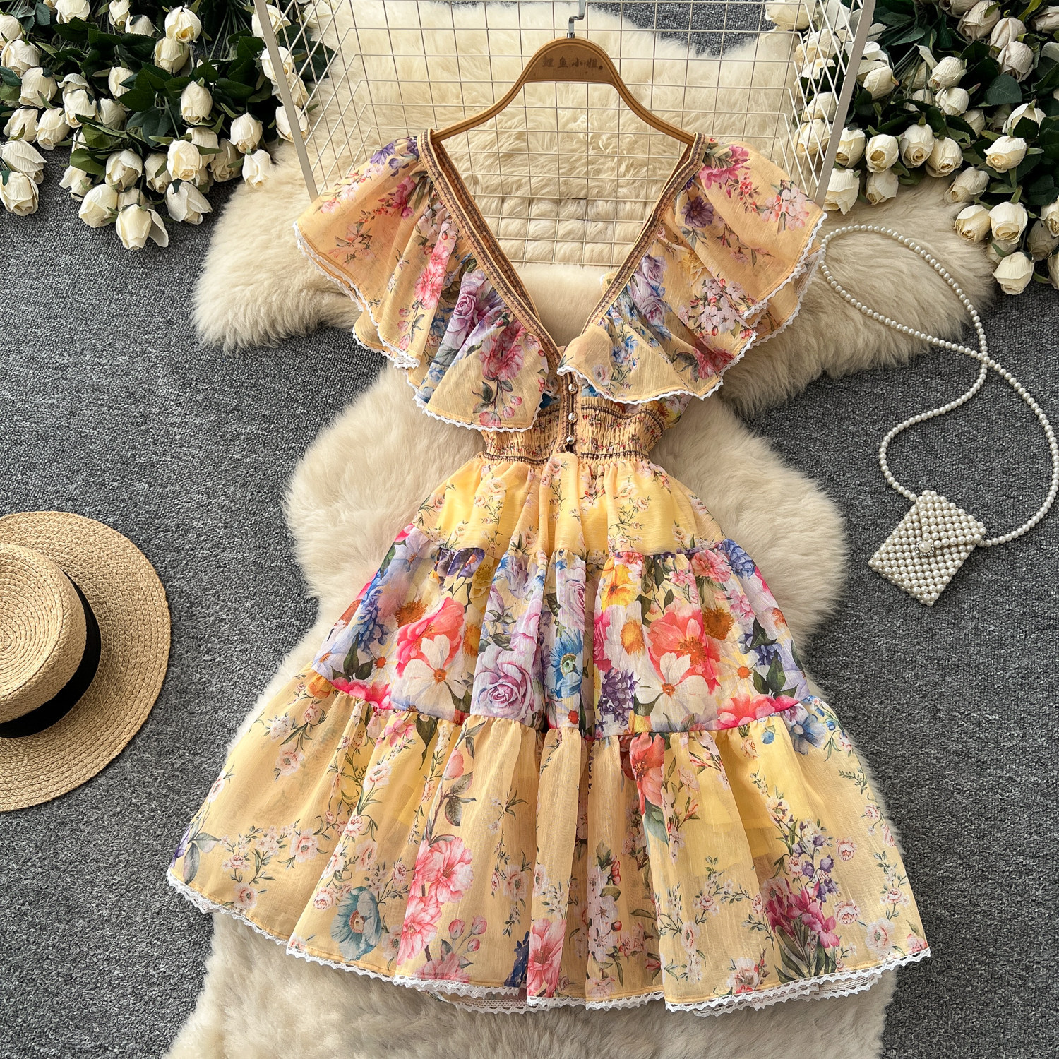 Floral Print A Line Dress V Neck Ruffled Sleeves Slim Fit Summer Vacation Style Wholesale Available