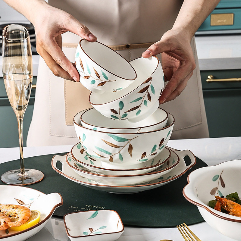 Nordic Hand-painted Leaves Ceramic Tableware Set with Handle Plate Dinner Plate Household Dish Plate Fish Plate Neat Bowl Snack Dish