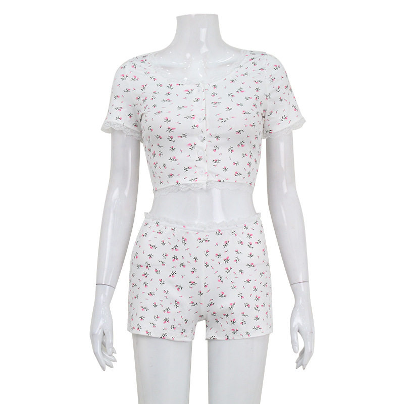 Lace Trim Long Sleeve Cardigan and Floral Print Shorts Set Comfortable Fabric Summer Casual Wear Wholesale Available