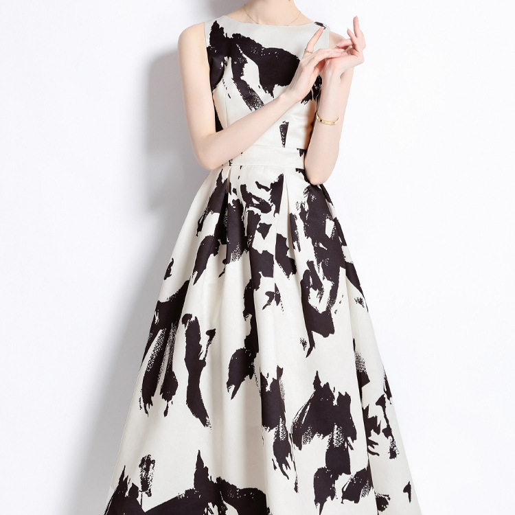Vintage French Style Sleeveless A Line Dress Round Neck Waist Defining Floral Print Summer Casual Wear Wholesale