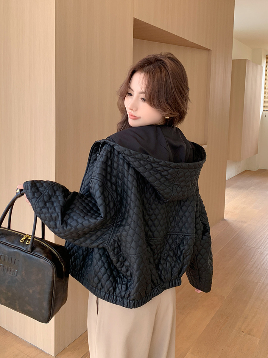 Áo Khoác Da Cừu Nữ Dáng Ngắn Rộng Có Mũ Trùm Đầu Lót Bông Màu Đen