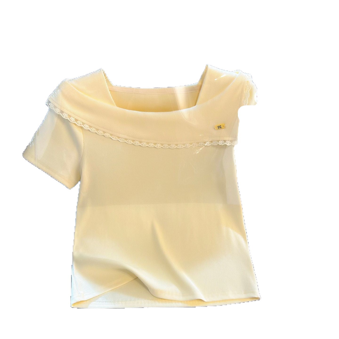 Lace Trim Square Neck Short Sleeve T Shirt Slim Fit Solid Color Soft Fabric Summer Casual Wear Wholesale Available