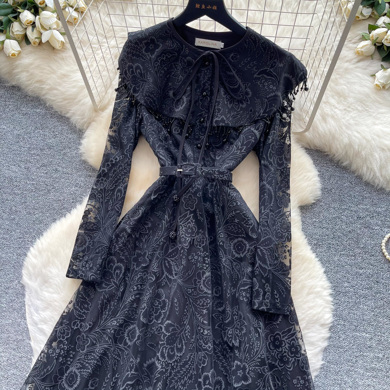French Court Style Lace Long Sleeve Dress High Waist Tie Waist A Line Silhouette Elegant for Autumn Wholesale