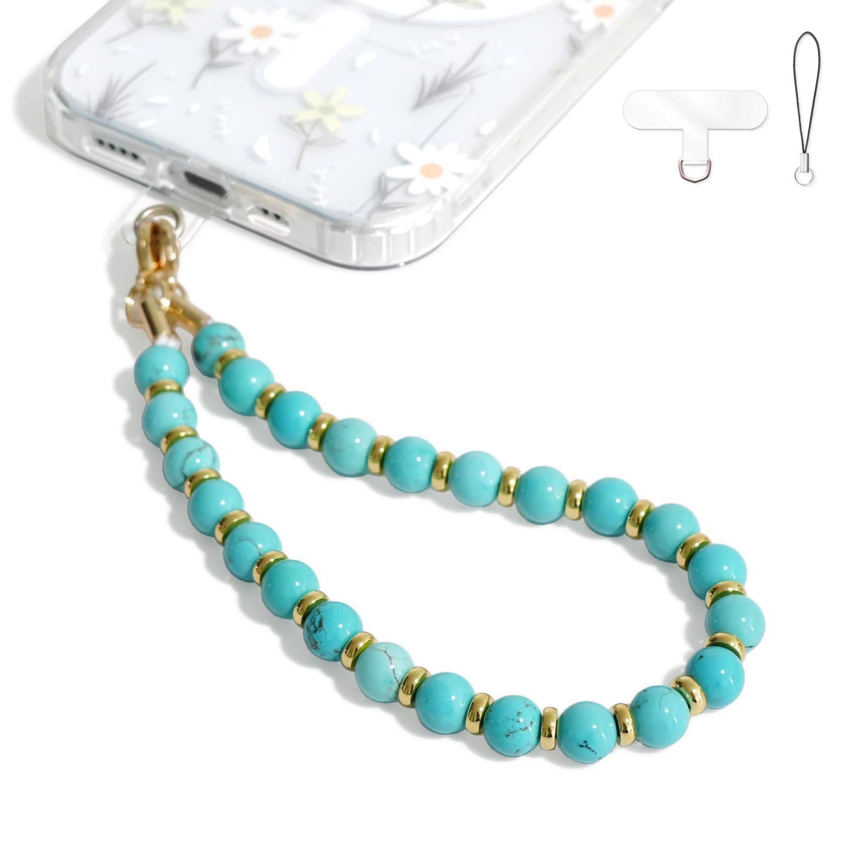 Natural Stone Beaded Mobile Phone Chain Gold Lobster Clasp Spacer Crystal Pendant Fresh Color Amazonite Mobile Phone Chain