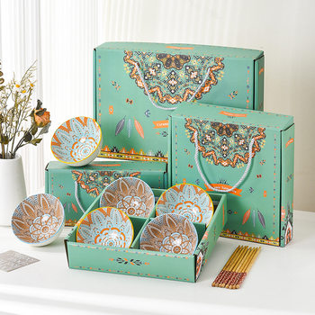 Cross-border Foreign Trade Bohemian Ceramic Tableware Bowl Chopsticks suit Opening Ceremony Gift Bowl Set Bowl suit