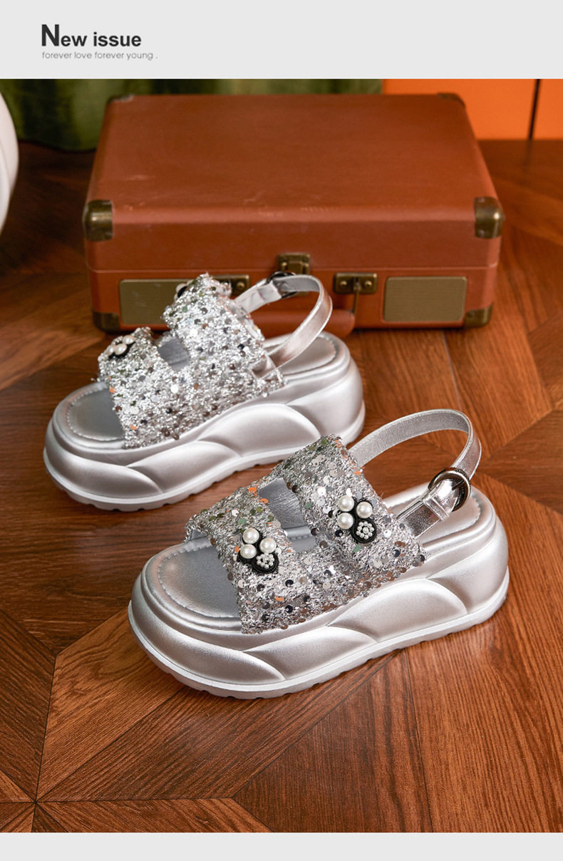 Dép sandal nữ xỏ ngón đế bệt quai Velcro phong cách biển — Đen, Bạc, Len nguyên chất chi tiết 14