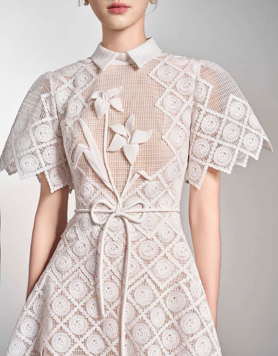 Đầm maxi nữ thêu ren cổ polo tay ngắn cạp cao midi — Màu như ảnh chi tiết 3