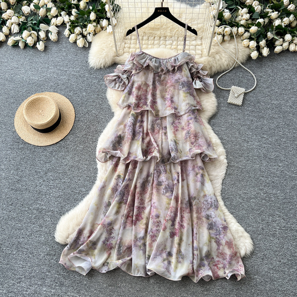 French Vacation Style Floral Ruffled Cami Dress for Women Summer Cake Skirt Unique Design Elegant Look Wholesale