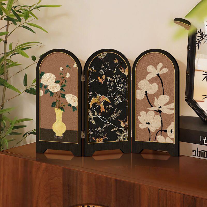 新中式中古风飞鸟屏风桌面摆件茶桌家居装饰品复古艺术客厅摆画